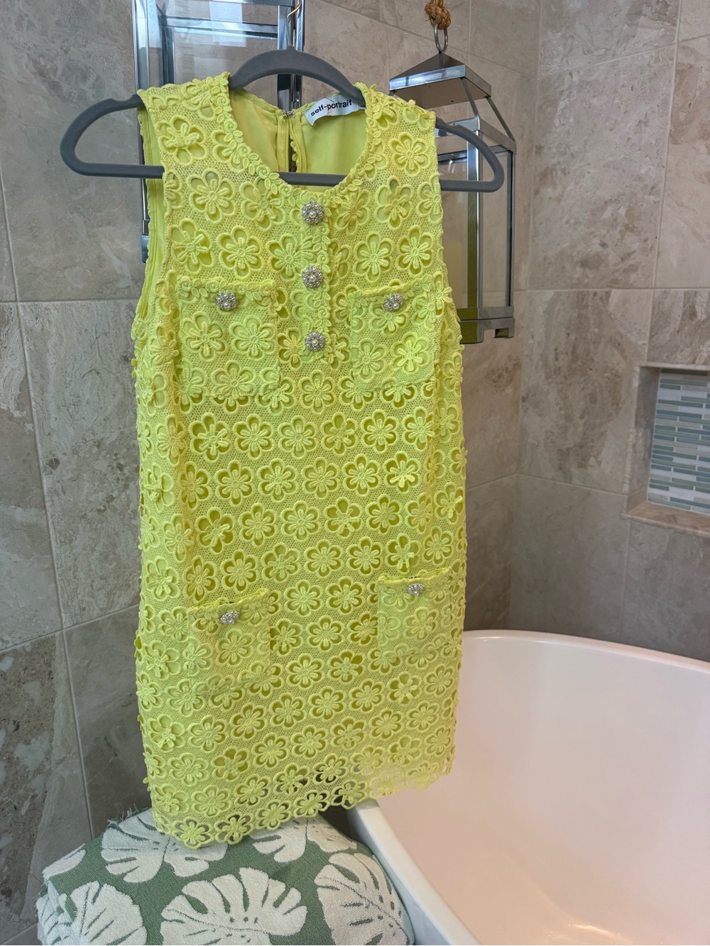 Self-Portrait Neon Yellow Floral Lace Shift Dress